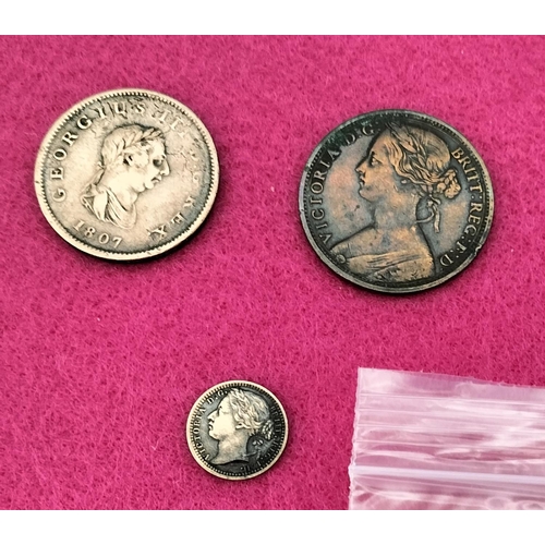 538 - 3 x British Copper Coins to include George III 1807 and Victoria Penny and Farthing. Good Detailing.