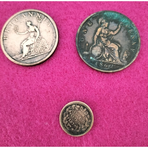 538 - 3 x British Copper Coins to include George III 1807 and Victoria Penny and Farthing. Good Detailing.