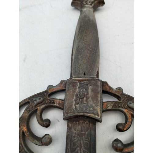 571 - Matching Pair of Medieval Swords plus a Reproduction Brass Handled Sword. Longest 88cm.