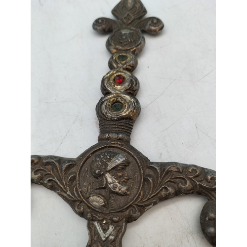 571 - Matching Pair of Medieval Swords plus a Reproduction Brass Handled Sword. Longest 88cm.