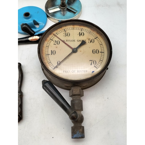 573 - Vintage Altitude/Pressure Gauge, Spoke Shave, Oil Can and Blow Torch.