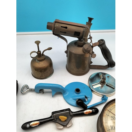 573 - Vintage Altitude/Pressure Gauge, Spoke Shave, Oil Can and Blow Torch.