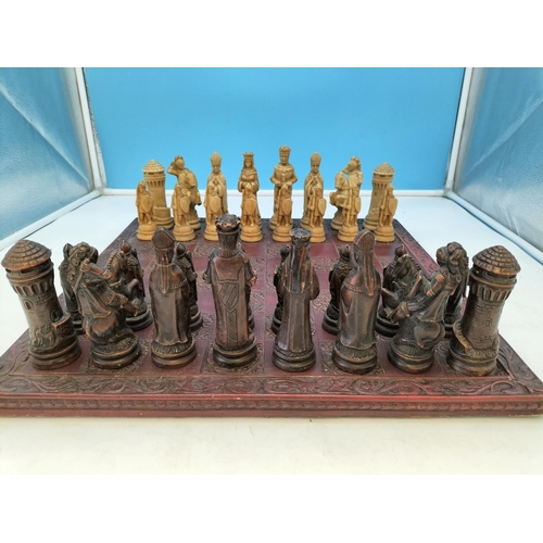 1 - Resin Chess Set with Board. Tallest Piece 13cm. Board 46cm Square.