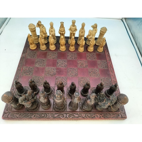 1 - Resin Chess Set with Board. Tallest Piece 13cm. Board 46cm Square.