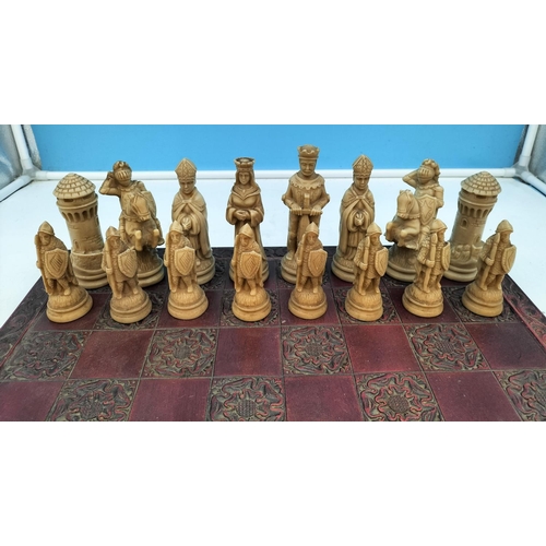 1 - Resin Chess Set with Board. Tallest Piece 13cm. Board 46cm Square.