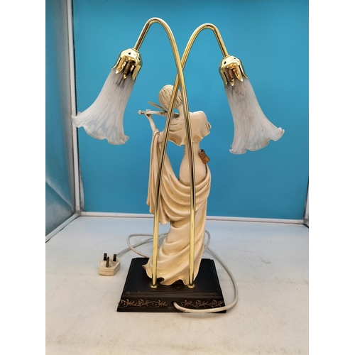 203 - Lamp Base Depicting Lady Playing Violin with Two Glass Tulip Shaped Shades. 54cm Tall. W/O. Hairline... 