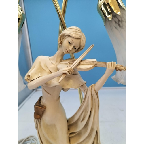 203 - Lamp Base Depicting Lady Playing Violin with Two Glass Tulip Shaped Shades. 54cm Tall. W/O. Hairline... 