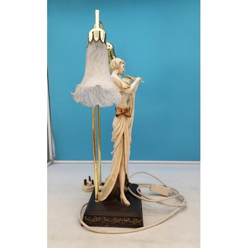 203 - Lamp Base Depicting Lady Playing Violin with Two Glass Tulip Shaped Shades. 54cm Tall. W/O. Hairline... 