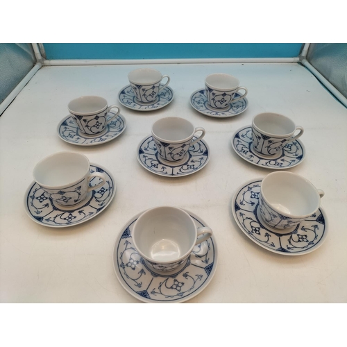 258 - German Democratic Republic Jager Eisenberg 'Original Blue Saks' Cups and Saucers (8). c1960-1989.