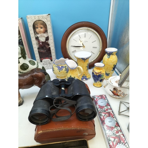 346 - Box of Mixed Items to include Binoculars, Porcelain Dolls, Clock, etc.