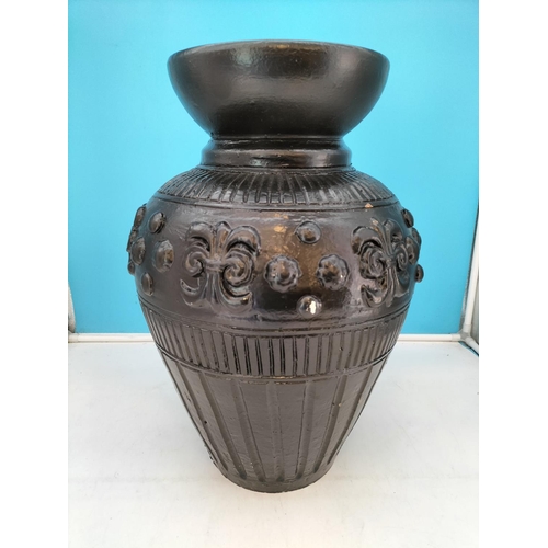 363 - Large Terracotta Vase Painted Black with Fleur de Lys and Line Design. Approx 45cm High, Body Diamet... 