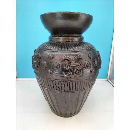 363 - Large Terracotta Vase Painted Black with Fleur de Lys and Line Design. Approx 45cm High, Body Diamet... 