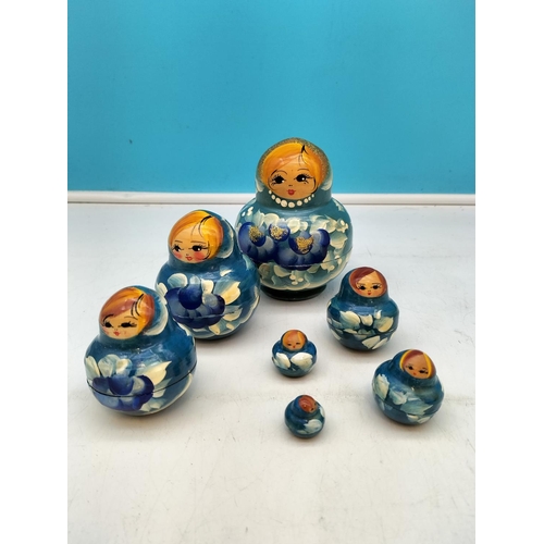 389 - Hand Painted Matryoshka 7 Russian Doll Set (Tallest 13cm) plus 21cm Wooden Cat Figure.