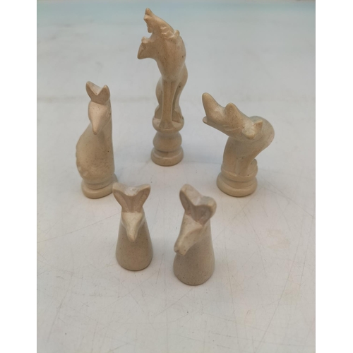 411 - Carved Soapstone African Animals Chess Pieces with Board. Tallest Piece 8cm.