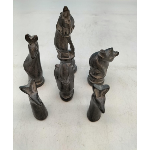 411 - Carved Soapstone African Animals Chess Pieces with Board. Tallest Piece 8cm.