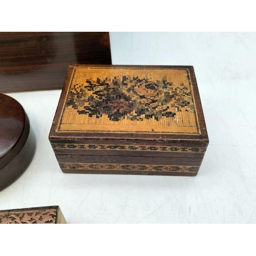 492 - Small Wooden Writing Slope plus a Collection of Boxes to include Snuff Box. (Total 7 ). Largest 9cm ... 