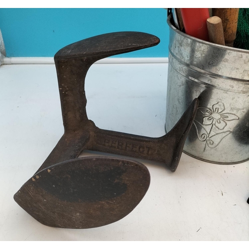 582 - Cast Metal Shoe Last, No5 Metal Iron plus Tin Bucket with Collection of Hand Tools. Sold in Aid of U... 