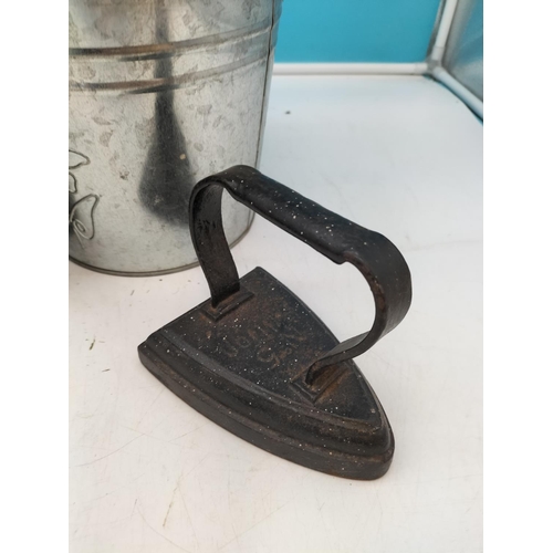 582 - Cast Metal Shoe Last, No5 Metal Iron plus Tin Bucket with Collection of Hand Tools. Sold in Aid of U... 