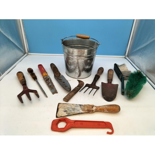 582 - Cast Metal Shoe Last, No5 Metal Iron plus Tin Bucket with Collection of Hand Tools. Sold in Aid of U... 