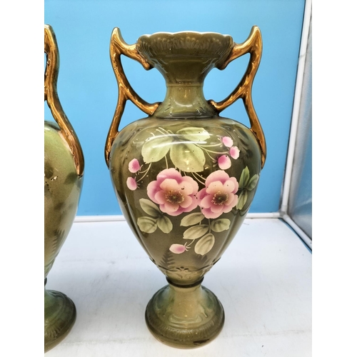 128 - Pair of 36cm Hand Painted Twin Handled Vases. Unmarked. c1900.