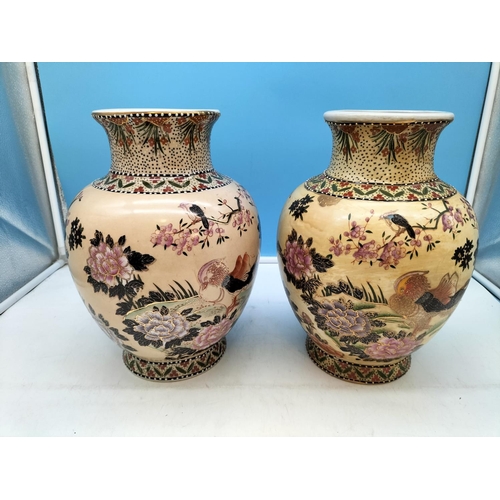 129 - Pair of 29cm Mid Century Chinese Hand Decorated Balustar Vases.