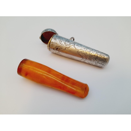 15 - Hallmarked Silver Hillard & Thomason 1899 Cheroot Holder with Amber Cheroot. 7cm Long.