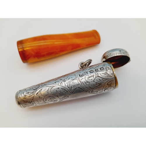 15 - Hallmarked Silver Hillard & Thomason 1899 Cheroot Holder with Amber Cheroot. 7cm Long.