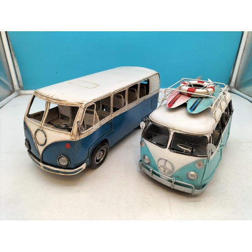 152 - Tin Plate Models of VW Camper Vans (2). Largest 14cm High, 30cm x 12cm.