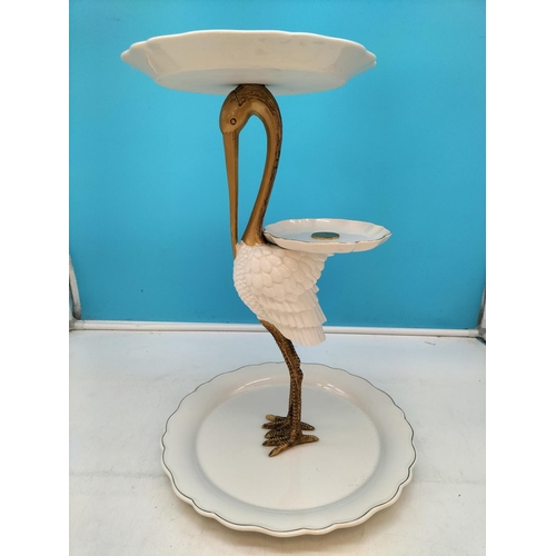 153 - Anthropologie Style Gold and White Stork Cake Stand. 43cm Tall, 31cm Diameter.