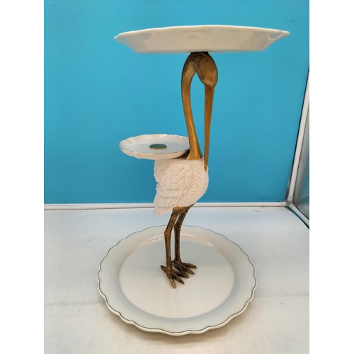 153 - Anthropologie Style Gold and White Stork Cake Stand. 43cm Tall, 31cm Diameter.