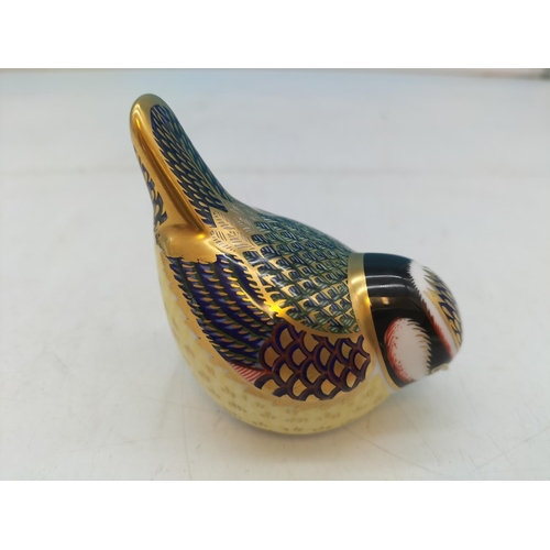 168 - Royal Crown Derby 'Blue Tit' Paperweight, Gold Stopper, 8cm x 7cm.