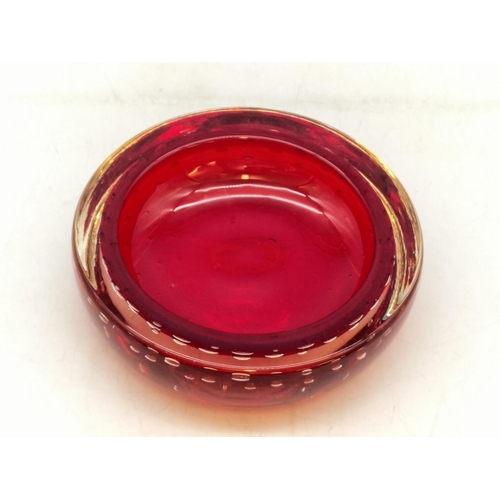 185 - Whitefriars Ruby Red Controlled Bubble Dish. 4cm High, 13cm Diameter.