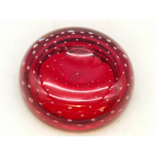 185 - Whitefriars Ruby Red Controlled Bubble Dish. 4cm High, 13cm Diameter.