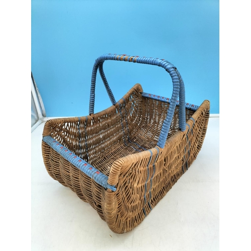 219 - Vintage Wicker Basket with Blue Handle. 31cm High, 38cm x 24cm.