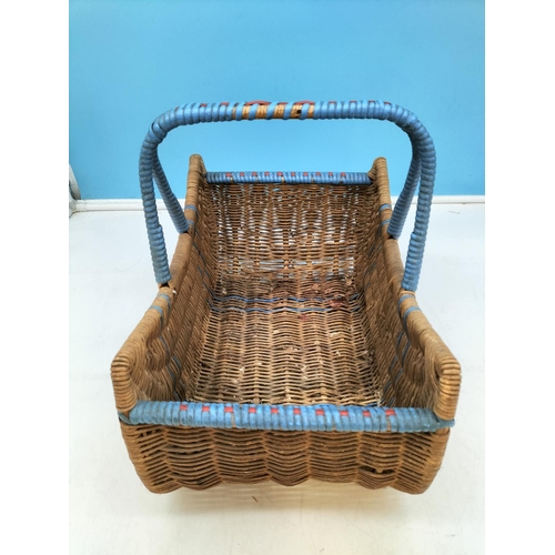 219 - Vintage Wicker Basket with Blue Handle. 31cm High, 38cm x 24cm.