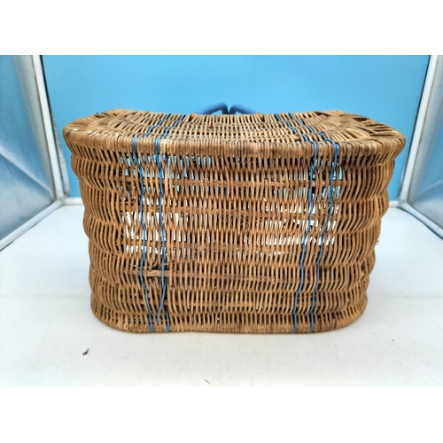 219 - Vintage Wicker Basket with Blue Handle. 31cm High, 38cm x 24cm.