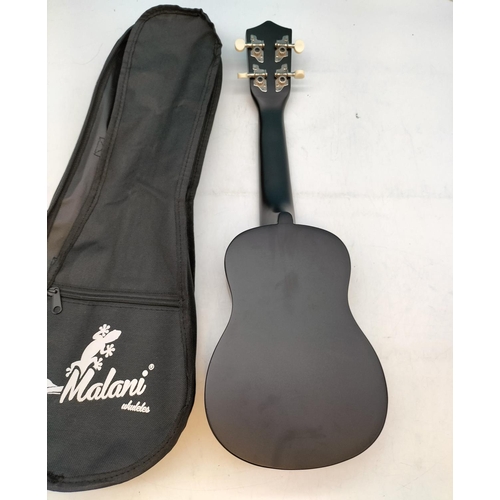 220 - Malani Black Ukulele in Case. 54cm Long.