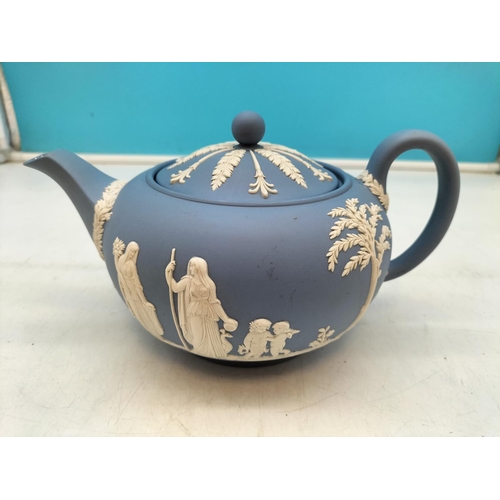 221 - Wedgwood Blue Jasper Teapot. Glazed Inside. A/F Hairline to Handle. 13cm High x 23cm.