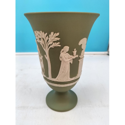 225 - Wedgwood Green Jasper Trumpet Vases (2) plus Fruit Bowl (worn inside). Tallest Vase 19cm.