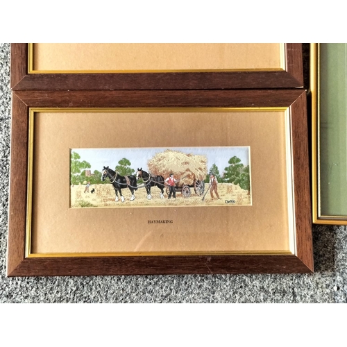 314 - Framed Cash's Woven Silk Pictures (3) - Haymaking, Canal Boats and Butterflies. Largest 34cm x 21cm.