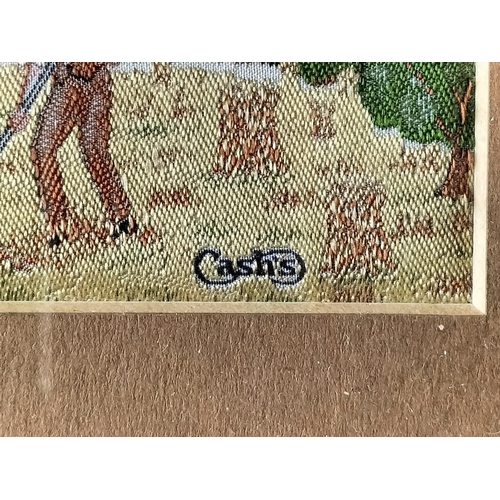 314 - Framed Cash's Woven Silk Pictures (3) - Haymaking, Canal Boats and Butterflies. Largest 34cm x 21cm.