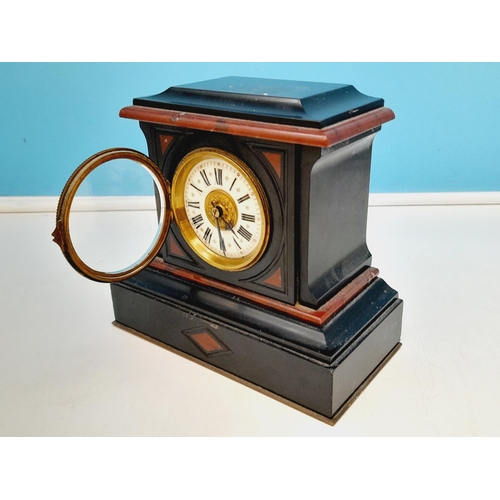 338 - French Slate and Marble Mantel Clock with Key. W/O. 16cm High, 17.5cm x 9cm.