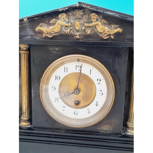 381 - Large French Slate Mantel Clock with Columned Front. With Key. Ticking but Requires Pendulum and Sla... 