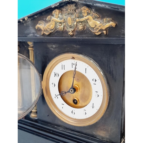 381 - Large French Slate Mantel Clock with Columned Front. With Key. Ticking but Requires Pendulum and Sla... 