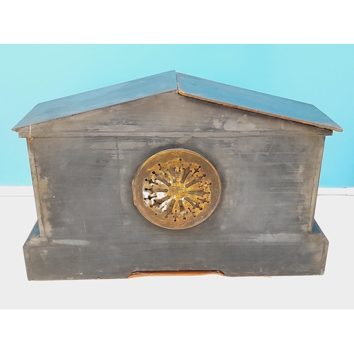 381 - Large French Slate Mantel Clock with Columned Front. With Key. Ticking but Requires Pendulum and Sla... 