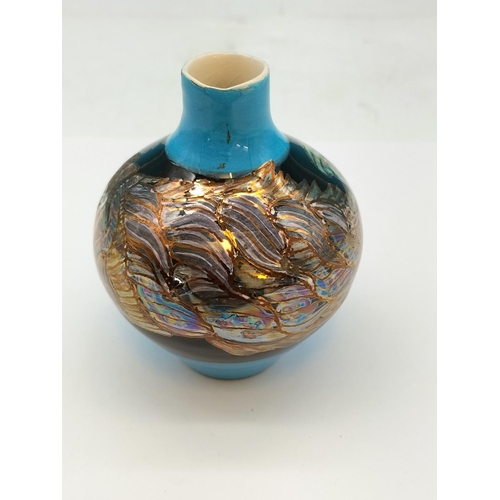 471 - Mike Cogswell New Zealand Pottery Vase with Fish Design. 9cm Tall.