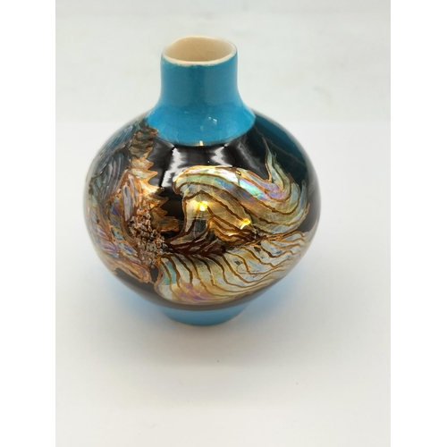 471 - Mike Cogswell New Zealand Pottery Vase with Fish Design. 9cm Tall.