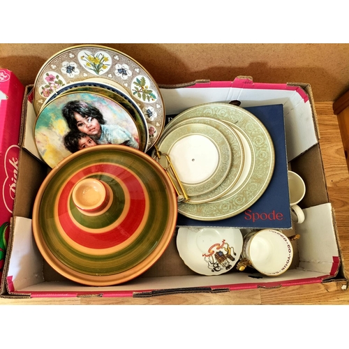 527 - 2 Boxes of Ceramics to include Tagine Pot, Royal Worcester Cake Stand, Miniature Tea Set, Commemorat... 