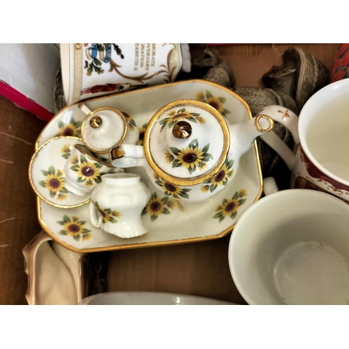 527 - 2 Boxes of Ceramics to include Tagine Pot, Royal Worcester Cake Stand, Miniature Tea Set, Commemorat... 