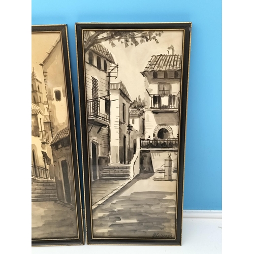 578 - Framed Spanish Pen and Ink Drawings (2). Signed A Colomer. 44cm x 19cm.